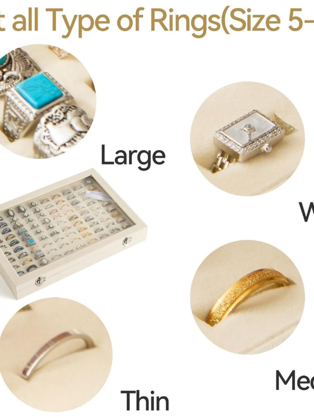 Elegant Velvet 100-Slot Ring & Earring Organizer Tray with Clear Lid - Beige - Picture 6 of 7